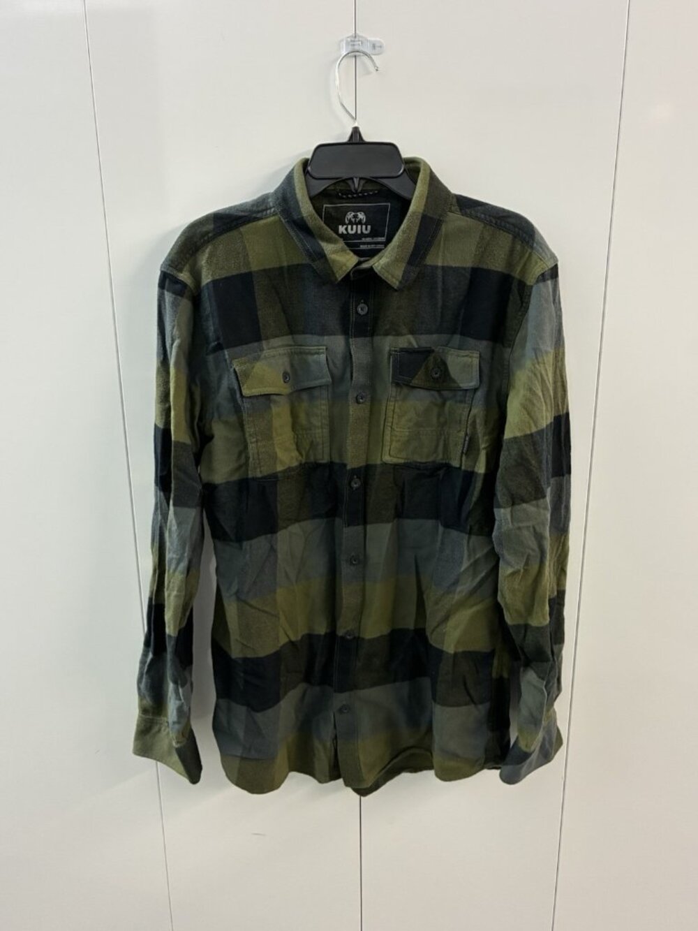 KUIU Flannel Shirt Men's LT Green Black Buffalo Plaid Button Front Outdoors